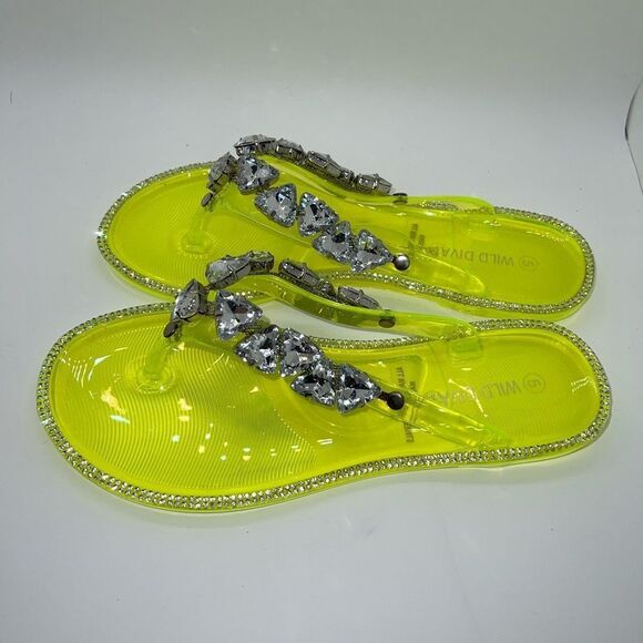 JOANIE-214 Fashion Rhinestone Embellished Jelly Sandals Neon Yellow Size 5 New - Picture 5 of 9